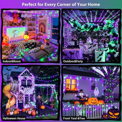 JMEXSUSS 600 LED Purple Green String Lights Plug in Indoor Outdoor | Lights for Halloween Decor, Clear Wire, Remote Control, 168 FT, for Fall Halloween Tree Fireplace Party Patio Gaeden