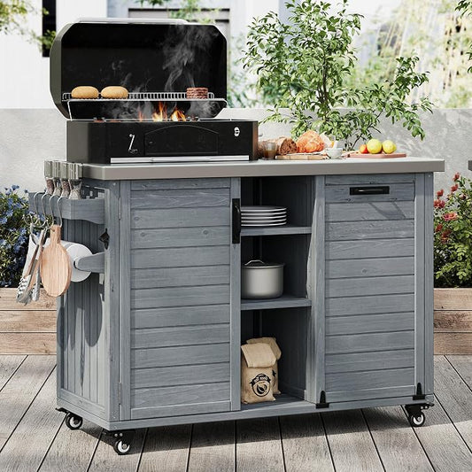 JIVOIT 78.3" Outdoor Kitchen Island with Foldable Table, Wooden Outdoor Grill Cart with Trash Can Storage & Stainless Steel Top, Adjustable Shelf, Spice Rack, Modular Towel, Paper Rack