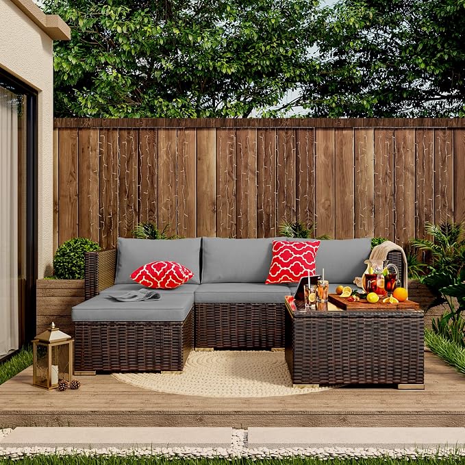 Qsun Outdoor Patio Sofa Set PE Wicker Rattan Sectional Conversation Sofa with a Glass Coffee Table for Backyard Porch Poolside Patio(Brown Rattan, Grey Cushion)