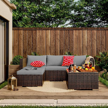 Qsun Outdoor Patio Sofa Set PE Wicker Rattan Sectional Conversation Sofa with a Glass Coffee Table for Backyard Porch Poolside Patio(Brown Rattan, Grey Cushion)