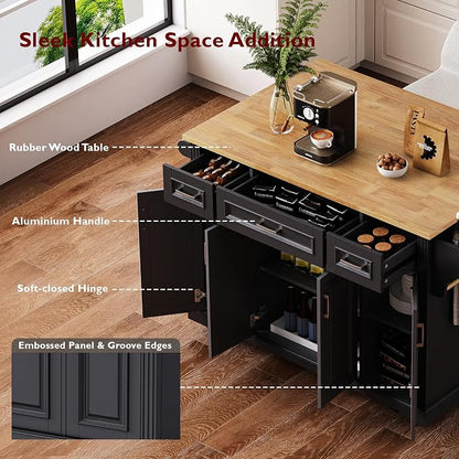 Ball & Cast Large Kitchen Island with Rubber Wood Drop Leaf,Embossed Texture Rolling Kitchen Cart On 4 Wheels W/4 Doors & 3 Drawers,Mobile Kitchen Islands W/ Storage for Kitchen,Dining Room,Black,54"