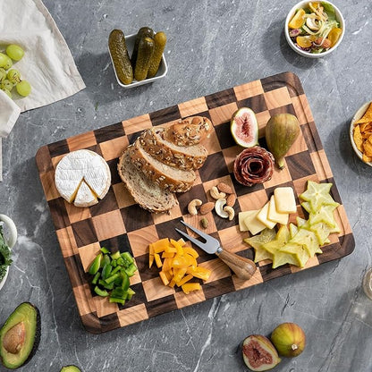 Checkered Cutting Boards for Kitchen, 1.4“ Thickened Wooden Chopping Board with Juice Grooves & Handles, Butcher Block for Meat, Vegetables and Fruits with Gift Box, 16" x 11"×1.4"