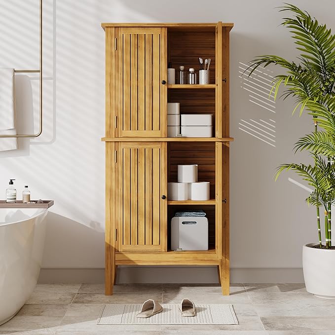 Christopher Knight Home Dessa Outdoor Cabinet, Acacia Wood Storage Cabinet, Garden Stool Shed with 4 Shelves, Tools Organizer with 2 Doors for Backyard Garden Balcony, 61.80" Tall Storage Shed, Teak