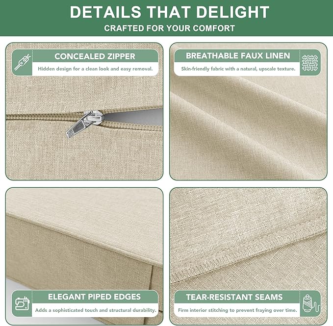 Summsun Patio Chair Cushions Set of 2, Faux Linen Outdoor Furniture Cushions, Water Resistant Backrest and Deep Seat Cushion Set with Ties, Removable Cover, Non-Slip Bottom, 24 x 24 Inch, Beige