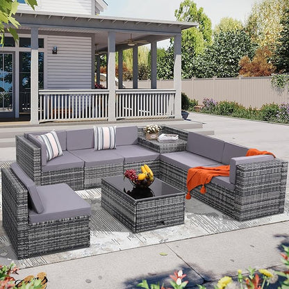 KROFEM 8-Piece Patio Furniture Set, Outdoor Wicker Rattan Sectional with Thick Cushions, Glass Top Table with Hidden Storage, Outdoor Conversation Set for Backyard, Porch, Patio, Grey