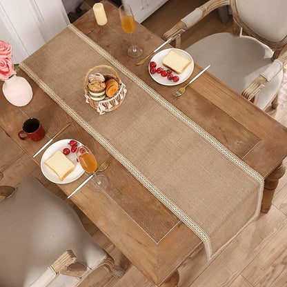 Khaki Table Runner 13 x 120 inch Long Natural Jute Braided Table Runner with Beige Lacework for Spring Summer Parties BBQ's Everyday Holidays Rustic Vintage Dining Farmhouse Table Runner