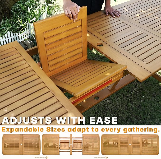 Acacia 7 Piece Outdoor Dining Set Extendable 63"-95" L Table with Umbrella Hole & 6 Handwoven Chairs - All-Weather Use, Easy Assembly Patio Furniture Set for Deck, Garden - Natural (Set for 6-8)