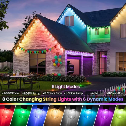 Larkvue 100FT(2x50FT) RGB Solar Outdoor String Lights with Remote, Dimmable Waterproof Patio Lights with 30 Bulbs for Porch Garden Bistro-White Cord