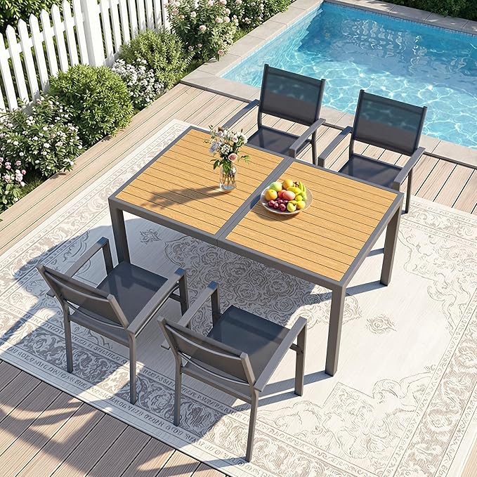 Patio Table and Chairs for 4, Outdoor Patio Dining Furniture Set with Aluminum Table and Metal Textilene Chairs, All-Weather Patio Table Set with HDPS Rectangular Tabletop for Garden Porch