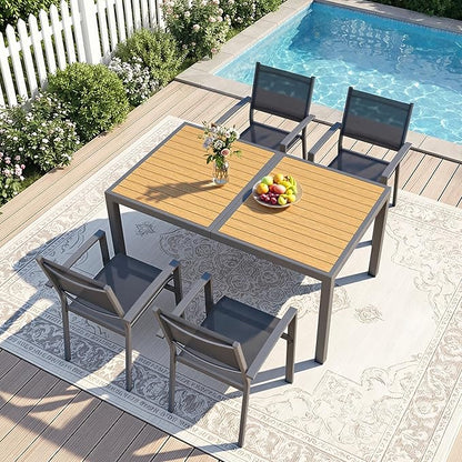 Patio Table and Chairs for 4, Outdoor Patio Dining Furniture Set with Aluminum Table and Metal Textilene Chairs, All-Weather Patio Table Set with HDPS Rectangular Tabletop for Garden Porch