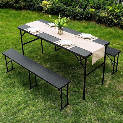 Camping table folding table and chairs foldable picnic table Portable Black | Folding Table and Bench Set: 6-ft portable picnic table with two attached benches. Ideal for camping,BBQ and outdoor events