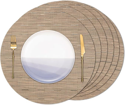 Round Placemats Set of 6 Heat Resistant Vinyl Placemats 15 inch Washable Non-Slip Table Mats Woven Place Mats for Dining Table (Light Brown, Set of 6)