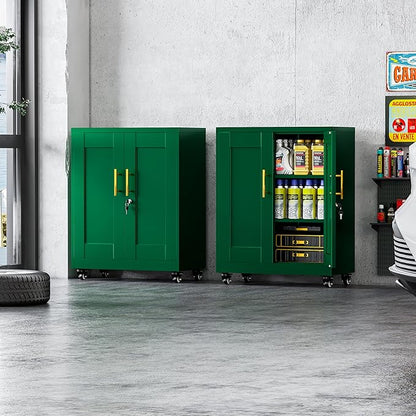 GAIOUS Metal Storage Cabinet with Lock and Wheels, Steel Tool Cabinet with 2 Door and 2 Adjustable Shelves, 35” Tall Lockable File Cabinet, Garage Cabinet, Rolling Cabinet for Home Office - Green