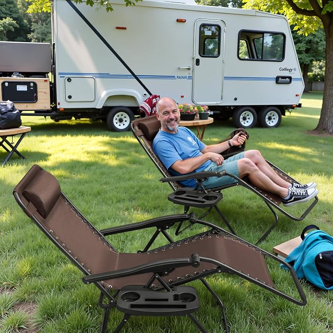 Greesum Zero Gravity Chairs Set of 2 Adjustable Steel Mesh Recliners Beach Deck Lawn Camping Patio Foldable Lounge Chair with Cup Holder Trays and Pillows,Brown