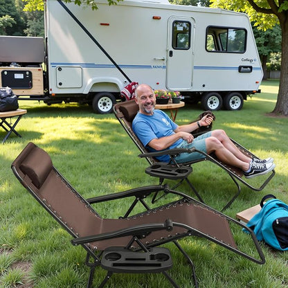 Greesum Zero Gravity Chairs Set of 2 Adjustable Steel Mesh Recliners Beach Deck Lawn Camping Patio Foldable Lounge Chair with Cup Holder Trays and Pillows,Brown