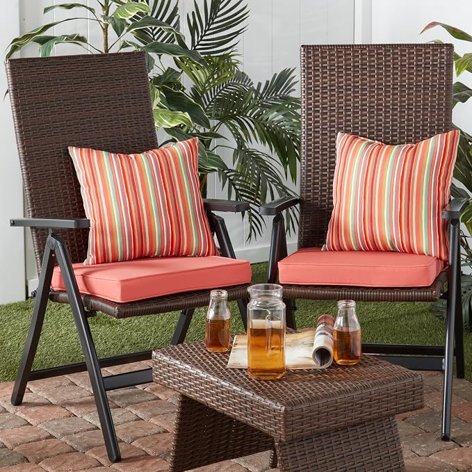 Outdoor 18 inch Square Patio Dining Chair Pads – Comfortable Fiber-Filled Seat Cushions with Ties, Reversible Polyester Fabric - Coral, Set of 2