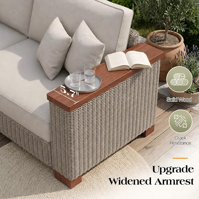 PaPaJet Outdoor Patio Sofa, 3 Seat Wicker Couch with Solid Armrests & Legs, 4.7" Thickened Removable Cushions, UV-Resistant Modular Sofa for Porch, Backyard, Garden