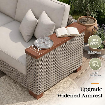 PaPaJet Outdoor Patio Sofa, 3 Seat Wicker Couch with Solid Armrests & Legs, 4.7" Thickened Removable Cushions, UV-Resistant Modular Sofa for Porch, Backyard, Garden