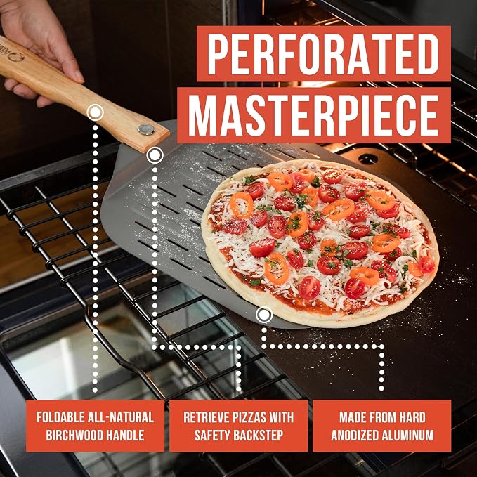 Chef Pomodoro Perforated Aluminum Pizza Peel 12x14 in Foldable Wood Handle | Metal Pizza Peel with Holes for Easy Release, Folds Flat for Storage, Great for Homemade Pizza & Artisan Bread