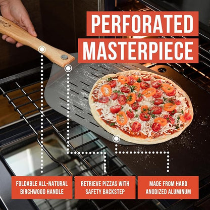 Chef Pomodoro Perforated Aluminum Pizza Peel 12x14 in Foldable Wood Handle | Metal Pizza Peel with Holes for Easy Release, Folds Flat for Storage, Great for Homemade Pizza & Artisan Bread
