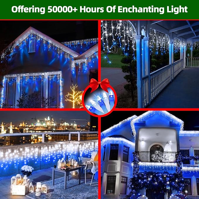 670 LED 66FT Christmas Lights Outdoor,148 Drops Icicle Lights with 12 Modes | Blue and Cool White Icicle String Lights with Timer and Dimming for Eaves, Porches, Windows, Gazebos and Wedding Backdrops