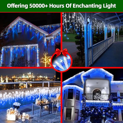 612 LED 60FT Christmas Lights, 136 Drops Icicle Lights with 12 Modes | Blue and Cool White Icicle String Lights with Timer and Dimming for Eaves, Porches, Windows, Gazebos and Wedding Backdrops