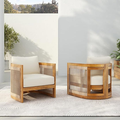 Christopher Knight Home Dora Set of 2 Patio Club Chair with Cushions, Acacia Wood Lounge Chair Outdoor, Woven Accents, Curved Design Side Chair for Balcony Backyard Garden Poolside, Beige + Teak