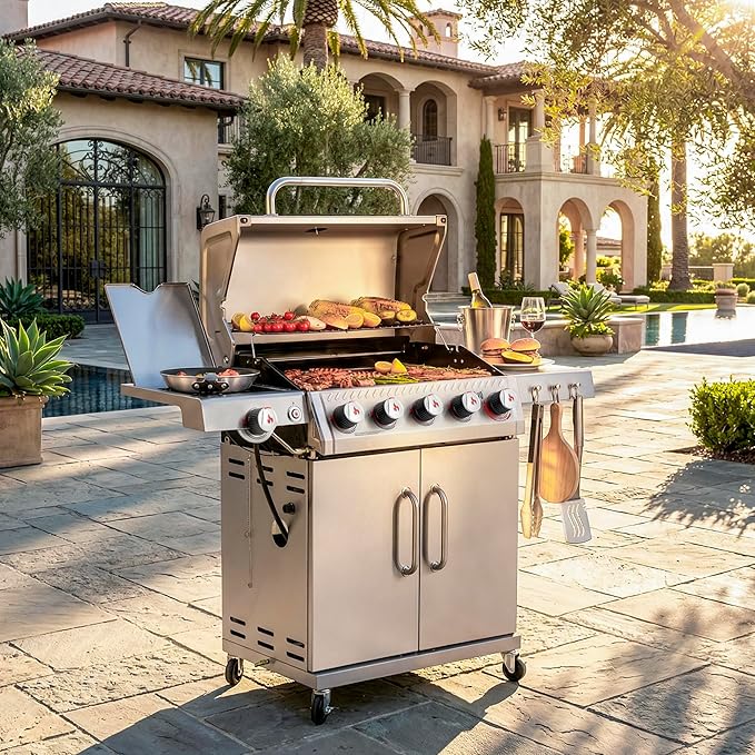 Feasto 5 Burner Propane Gas Grill with Side Burner & Sear Burner, All Stainless Steel BBQ Grill with Porcelain-Enameled Main Cook Chamber & Storage Cabinet for Outdoor Backyard Patio