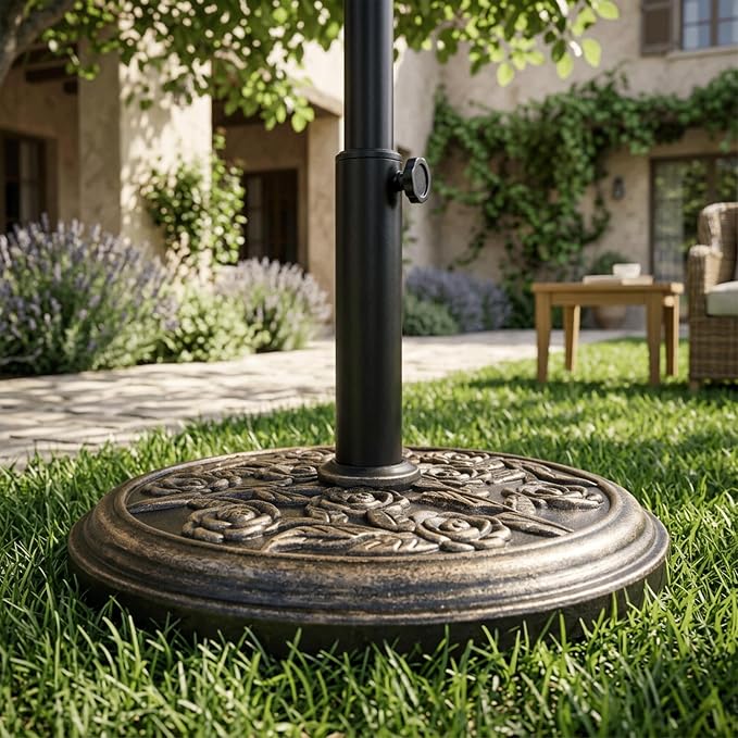 19.8 Lbs Round Umbrella Stand, Heavy Duty Weighted Base for Outdoor Market Parasols, Stable Holder for Patio Deck Lawn Garden Poolside, Bronze