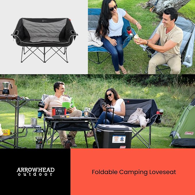 ARROWHEAD OUTDOOR Wide Duo Foldable Heated Camping Loveseat Chair, Black | 57 in, 3-Stage Heating, Large Cup Holders, Glass Holders, Side Pockets, and Storage Pouches, and Grey, Beach, Tailgating