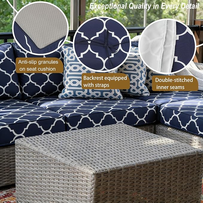14 Piece Outdoor Patio Cushion Cover Replacement, Waterproof Patio Cushion Covers, Outdoor Furniture Cushion Covers Set for 6 Seat Wicker Rattan Sofa (Blue Grid)