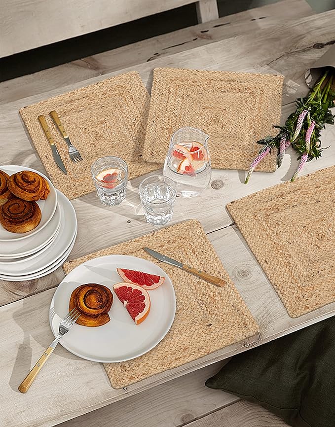 Hausattire Jute Braided Placemats 14x14 Inches Set of 4 Reversible Handwoven Boho Vintage Easter Placemats for Kitchen Dining Tables|BBQ's Farmhouse Decor Indoor & Outdoor Parties|Natural
