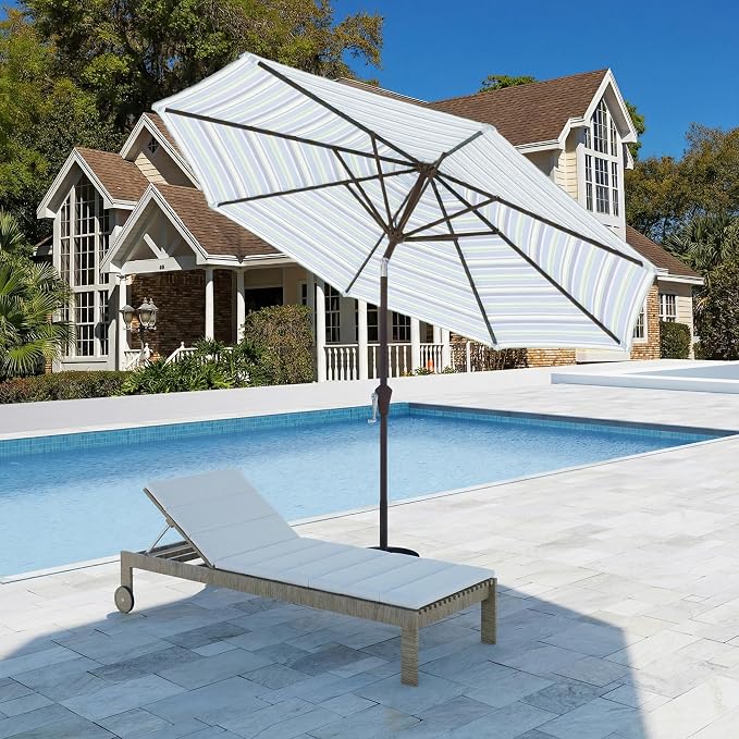 9FT Patio Umbrella with Solar Lights,Outdoor Market Umbrella with Tilt and Crank, LED Lighted Table Umbrella for Garden,Deck,Backyard,Pool,Beach (Blue Green Stripes)