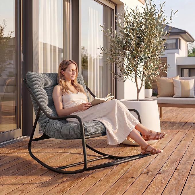 Outdoor Rocking Chairs, Metal Frame Outdoor Rocker with Footrest, Comfy Oversized Patio Chair with Thick Cushion, Reading Glider Lounge Chair for Living Room, Bedroom, Garden, Relax, Gray