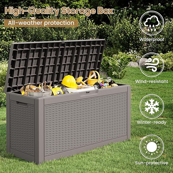 60 Gallon Outdoor Storage Deck Box Waterproof,Large Resin Storage Container for Outside,Patio Accessories for Outsid,Backyard Delivery Boxes,Lockable Lid,Rattan Gray