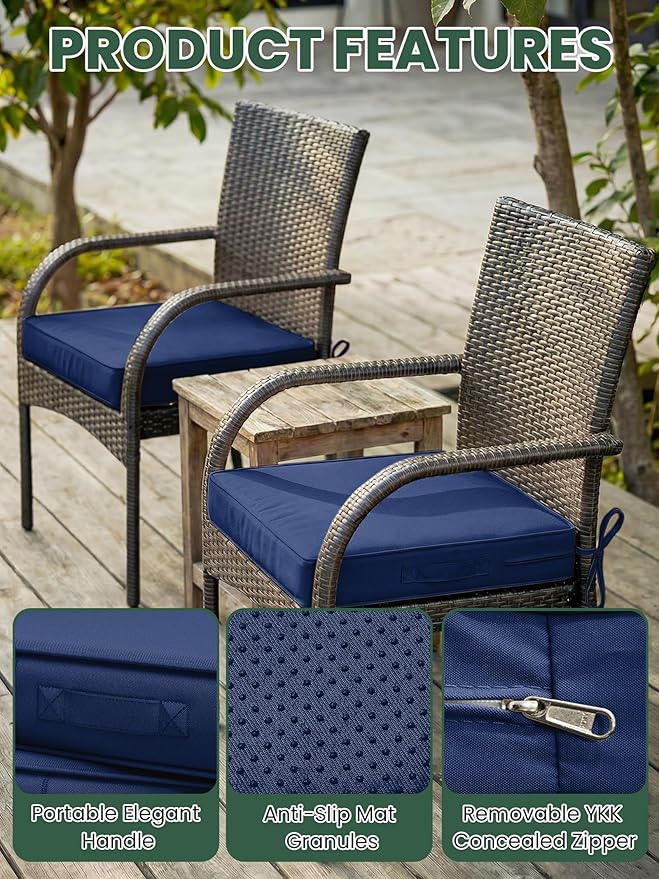 Outdoor Chair Cushion 19 x 19 x 4 Inches Patio Furniture Outdoor Waterproof Seat Cushion, Patio Chair Cushion with Handles and Ties, Square Dining Chair Cushion Set of 4, Blue