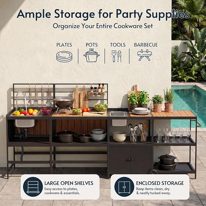 Modular Outdoor Kitchen Island with Sink, 4Pcs Aluminum Outdoor Kitchen Kit | Aluminum Frame, Weatherproof, Modular Grill Cart & Ice box, Large Countertop & Wall Hanging Design, For Patio BBQ, Party