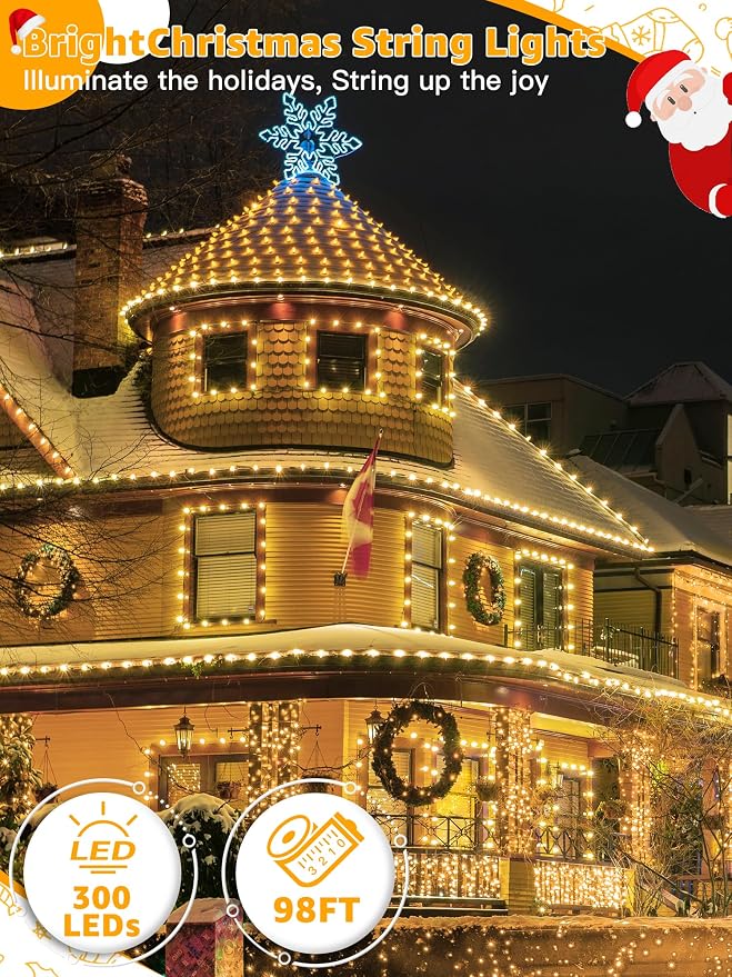 BrightChristmas 300 LED 98 FT Christmas Lights, Waterproof Outdoor String Lights with Remote and Timer, Christmas Tree Lights with 8 Modes Dimmable, Fairy Lights for Holiday Decor (Warm White)