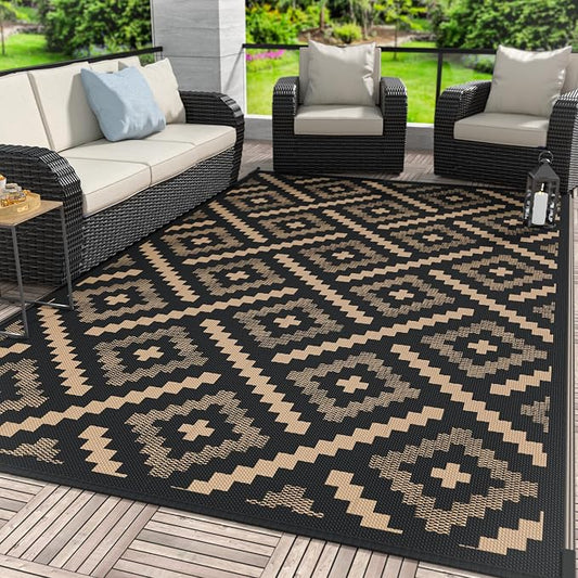 GENIMO Outdoor Rug, Waterproof Plastic Rugs for Patio, 6'x9' Mocha Brown | Outside Larger Modern Carpet Mat for Porch Decor, Deck, Balcony, Camping, RV, Backyard, Picnic, Beach, Reversible, Foldable