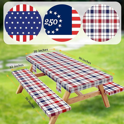 8 Foot Fitted Picnic Table Cover with Bench Covers Elastic Waterproof Oil-Proof VintageTablecloths for Rectangle Tables Dining Outdoor Patio Camping Essentials Blue Red Buffalo Plaid