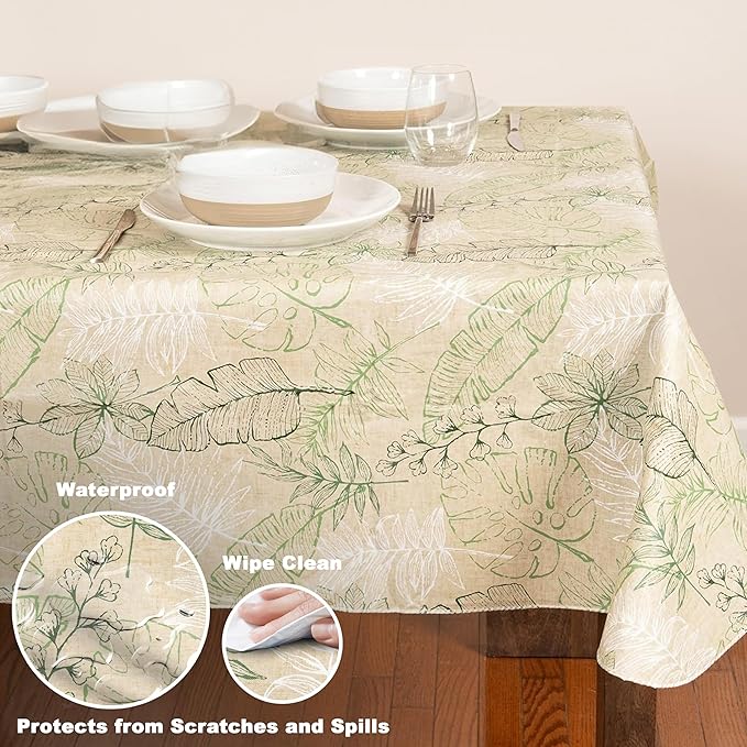 Antigua Tropical Leaf Vinyl Tablecloth – 52 x 70 Inch Rectangle Waterproof Table Cover with Flannel Backing, Wipeable Indoor/Outdoor Summer Flowers Print for Picnics, BBQs, and Holiday Dining