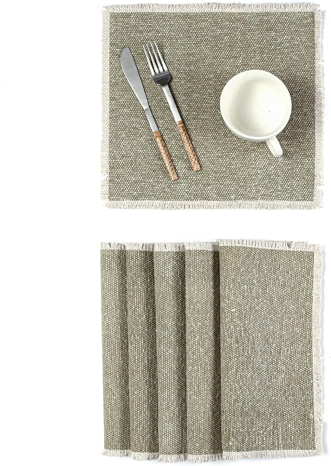 Hausattire Cotton Frayed Placemats Set of 6 Dining Table 14x14 Inch | Rustic Farmhouse Boho Washable Easter Placemat for Outdoor Parties BBQ's Wedding, Holiday, Special Occasions, Nubby Cotton - Taupe