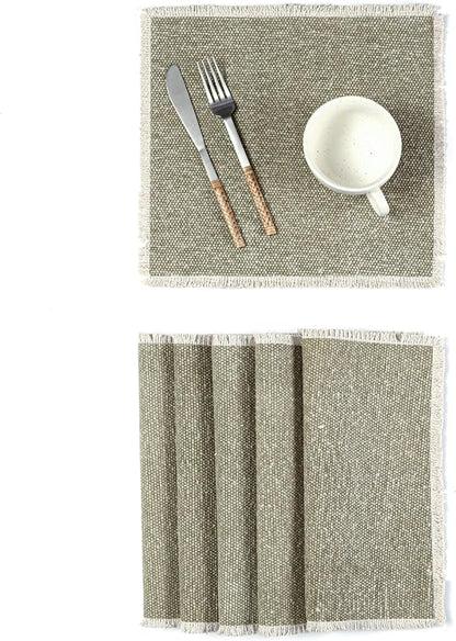 Hausattire Cotton Frayed Placemats Set of 6 Dining Table 14x14 Inch | Rustic Farmhouse Boho Washable Easter Placemat for Outdoor Parties BBQ's Wedding, Holiday, Special Occasions, Nubby Cotton - Taupe