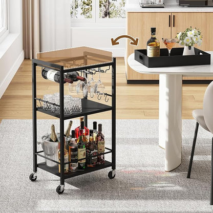 TUTOTAK Bar Cart with Wheels, Mini Drink Cart with Wine Rack & Glass Holder | 3-Tier 17 Inch Wide Home Bar Serving Carts, Small Mobile Kitchen Shelf with 6 Hooks, Black BC01BK036