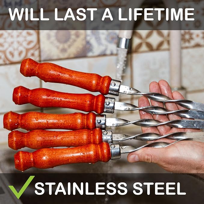 Premium BBQ Skewers with Wooden Handles 23.6" Shish Kabob Skewers Stainless Steel Long & Reusable Kabob Sticks Barbecue Skewers for Grilling Set of 6 Piece (6, 23.6 Inches)
