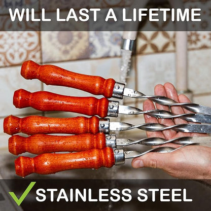 Premium BBQ Skewers with Wooden Handles 23.6" Shish Kabob Skewers Stainless Steel Long & Reusable Kabob Sticks Barbecue Skewers for Grilling Set of 6 Piece (6, 23.6 Inches)