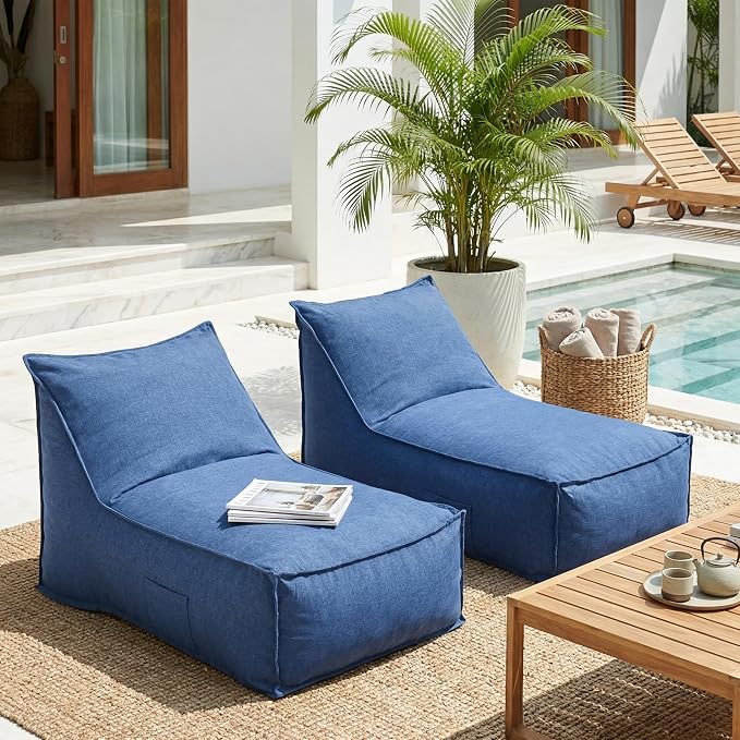 Christopher Knight Home Venny 48" L Outdoor Bean Bag Chair Set of 2, Fabric Bean Bag Chair for Adults and Kids, Indoor/Outdoor Sun Lounger, Patio Lounge Chair Set of 2, Navy Blue