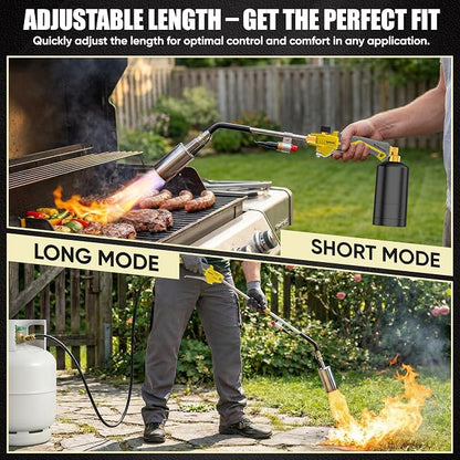 Propane Torch Weed Torch Burner Heavy Duty-340,000 BTU Weed Burner with 2 Extension Modes, Piezo Trigger(Self Igniting)&12.5ft Hose, Multi-Fuel Compatible(1lb-100lb) for Weeds, Ice Melting