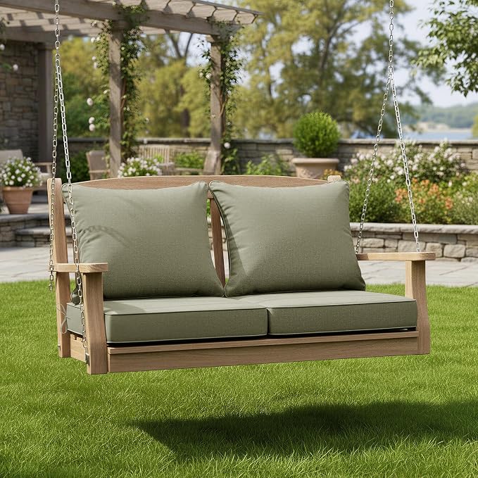 Summsun Water Resistant Outdoor Chair Cushions, Faux Linen Backrest and Deep Seat Cushion Set with Ties, Removable Cover, Non-Slip Bottom for Patio Furniture, 24 x 24 Inch, Mocca Green, Set of 2