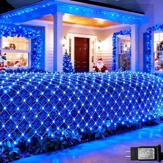 Pooqla Blue Net Lights, 15x 5ft Christmas Bush Lights Outdoor Green Wire | 300 LED Large Net Mesh Lights Plug in, 8 Modes Waterproof Connectable Bushes Lights for Halloween Hedge Yard Decor